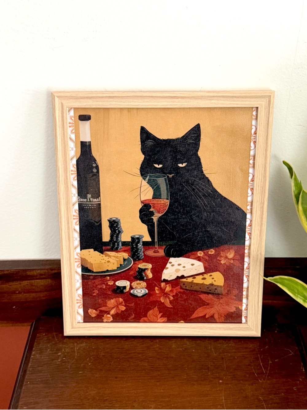 Black Cat Drinking Wine Eating Cheese Playing Poker Canvas Art Print Framed Art